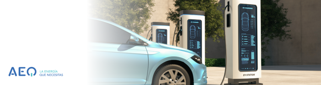 Una estación de carga de coche eléctrico con un coche eléctrico azul cargando.