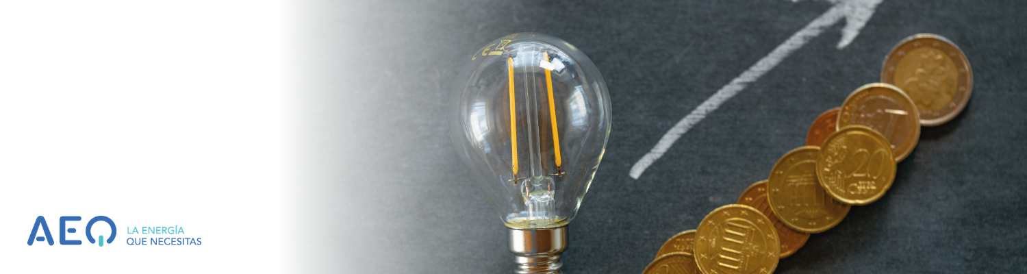 Bombilla junto a monedas de euro y una flecha ascendente que representa la evolución del precio de la luz y el coste de la electricidad.